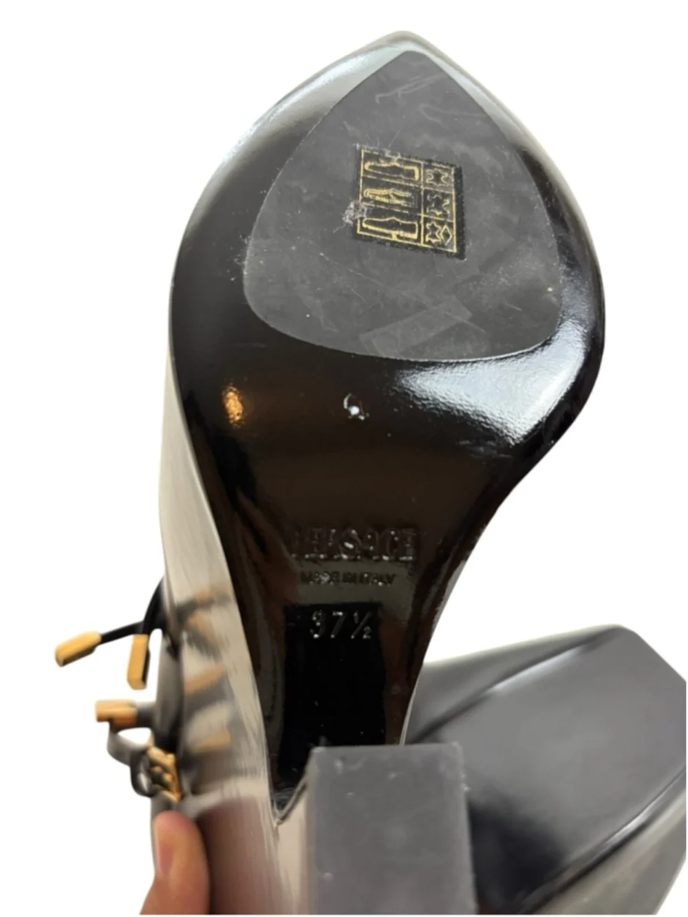 VERSACE Designer Heels Tempest Leather Platform Pumps Straps Black Size 37.5
